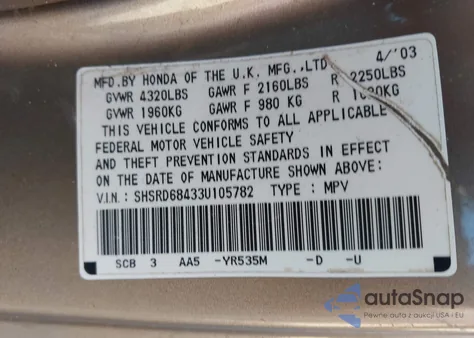 2003 Honda Cr-V Lx из США, поврежденный, VIN SHSRD68433U105782